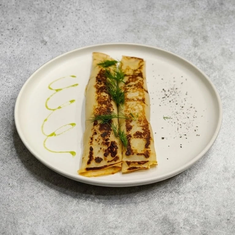 Блины с куриным филе су-вид и грибным соусом