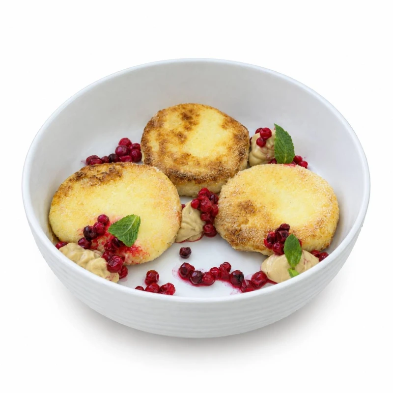 Сырники с вареной сгущенкой и брусникой